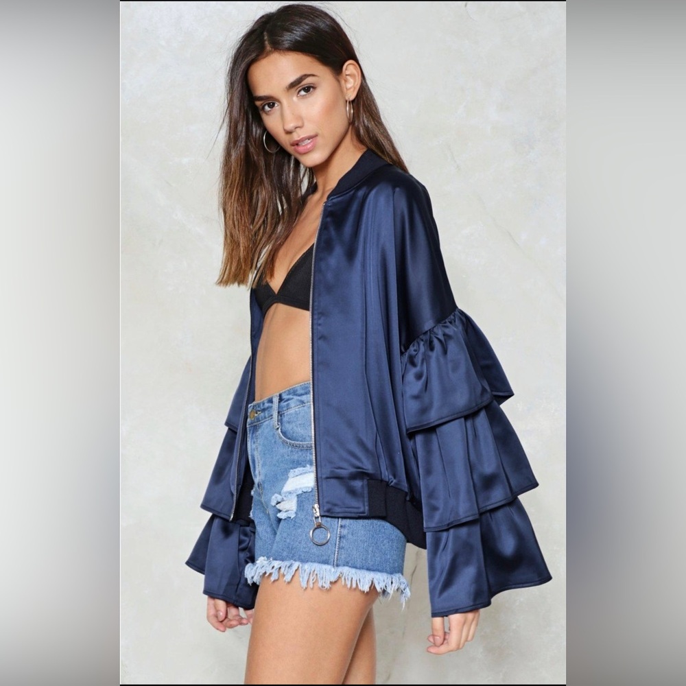 NastyGirl  Women's Navy Tiered Ruffle Silky Bomber Jacket sz10
